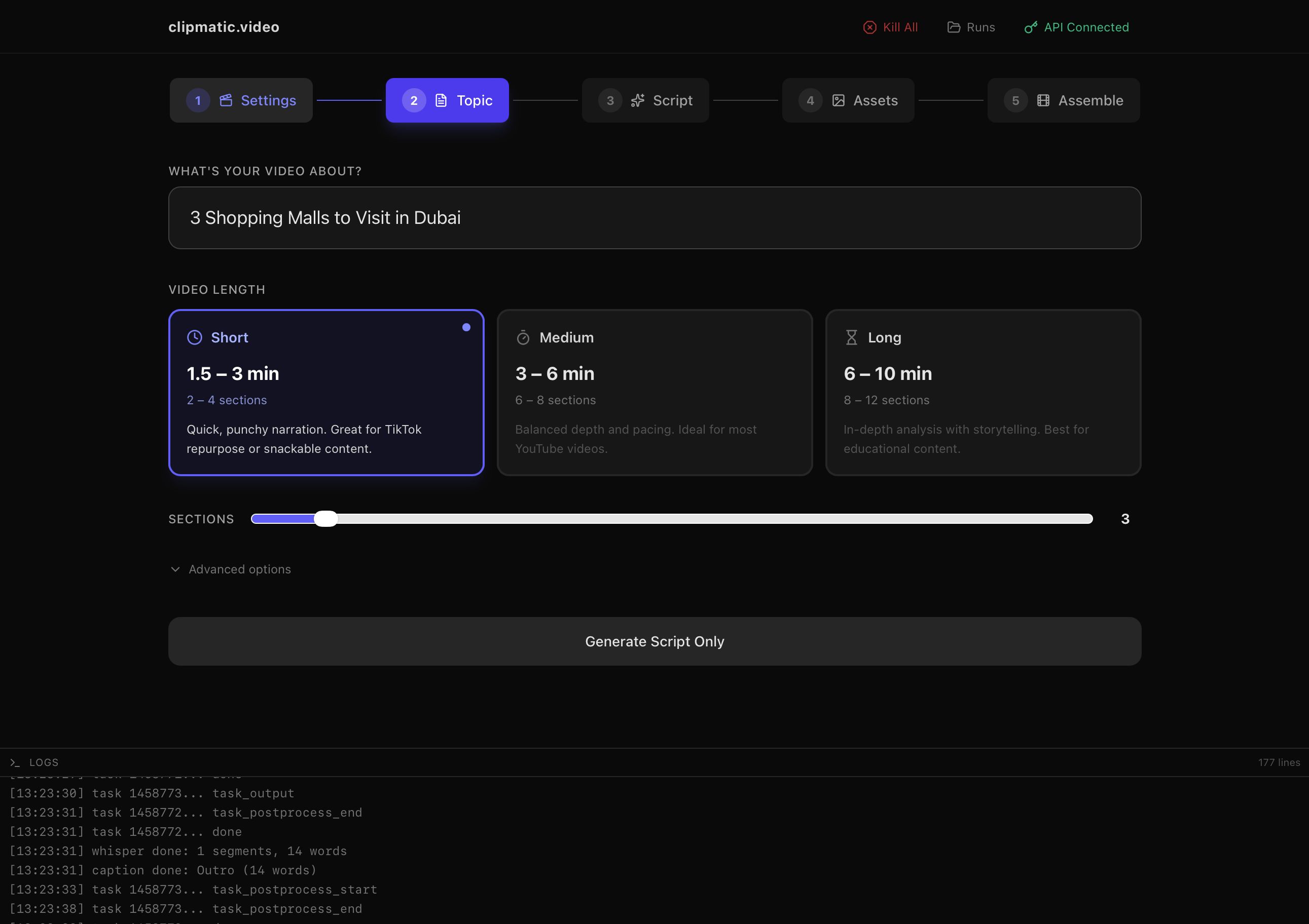 Dashboard — Script Generation